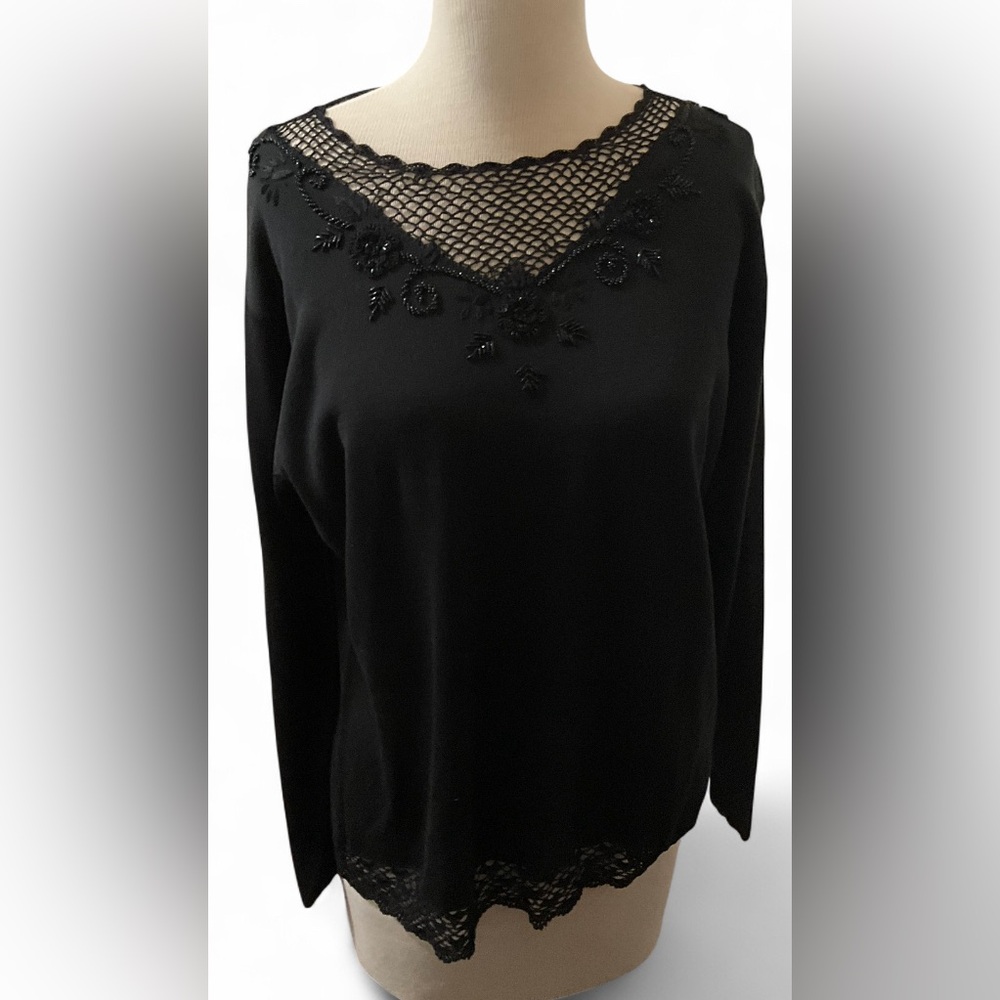 Jenny's Black Lace Trim Blouse Women's XL Long Sleeve Elegant Top